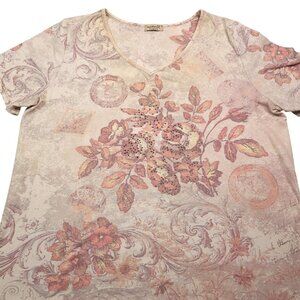 One World Womens Floral Print V-Neck Short Sleeve Top 1X  Made In USA T-shirt